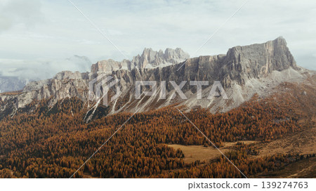 Pass near Cortina mountain. Aerial majestic view of popular place at autumn season, background Pass near Cortina mountain. Aerial majestic view of popular place at autumn season, background 139274763