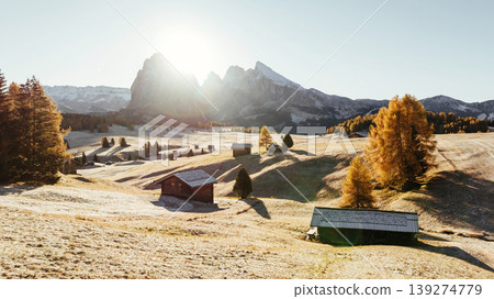 Daytime sunlight, beautiful nature. Alpe di Siusi, Seiser Alm, aerial view of majestic dolomites, mountains background Daytime sunlight, beautiful nature. Alpe di Siusi, Seiser Alm, aerial view of majestic dolomites, mountains background 139274779