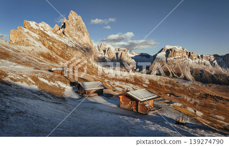 Village wooden houses. Seceda mountain, aerial view of majestic nature, beautiful touristic place Village wooden houses. Seceda mountain, aerial view of majestic nature, beautiful touristic place 139274790