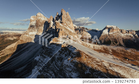 Rural non urban scene. Seceda mountain, aerial view of majestic nature, beautiful touristic place Rural non urban scene. Seceda mountain, aerial view of majestic nature, beautiful touristic place 139274793