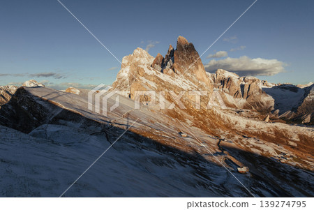 Rural non urban scene. Seceda mountain, aerial view of majestic nature, beautiful touristic place Rural non urban scene. Seceda mountain, aerial view of majestic nature, beautiful touristic place 139274795