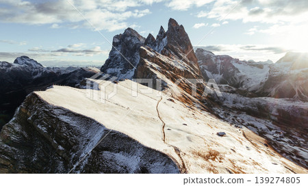 Seceda mountain, aerial view of majestic nature, beautiful touristic place Seceda mountain, aerial view of majestic nature, beautiful touristic place 139274805