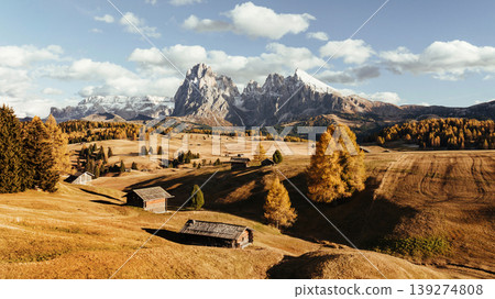 Alpe di Siusi, Seiser Alm, aerial view of majestic dolomites, mountains background Alpe di Siusi, Seiser Alm, aerial view of majestic dolomites, mountains background 139274808