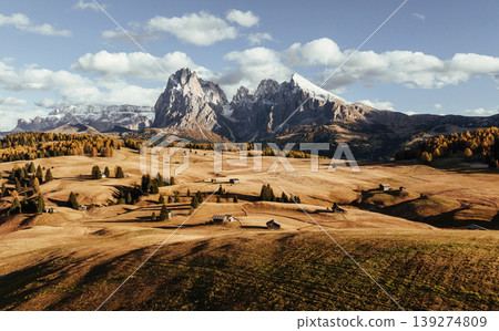 Alpe di Siusi, Seiser Alm, aerial view of majestic dolomites, mountains background Alpe di Siusi, Seiser Alm, aerial view of majestic dolomites, mountains background 139274809