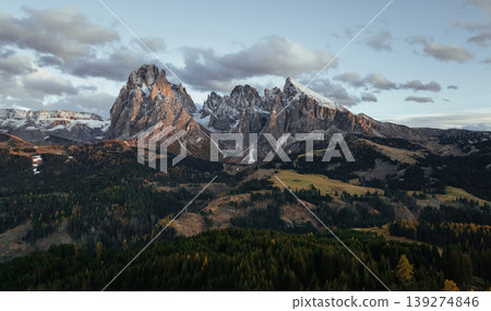Mountains are at background. Alpe di Siusi, Seiser Alm, aerial view of majestic dolomites Mountains are at background. Alpe di Siusi, Seiser Alm, aerial view of majestic dolomites 139274846