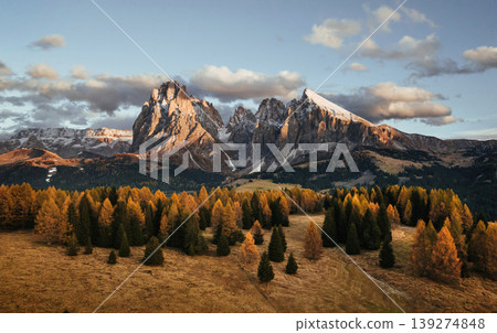 Mountains are at background. Alpe di Siusi, Seiser Alm, aerial view of majestic dolomites Mountains are at background. Alpe di Siusi, Seiser Alm, aerial view of majestic dolomites 139274848
