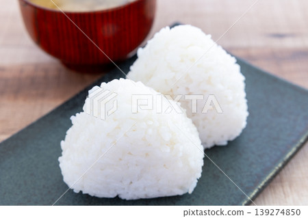 Delicious white rice balls and miso soup Delicious white rice balls and miso soup 139274850