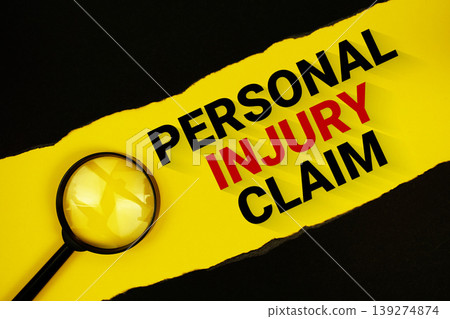 Personal Injury Claim text on yellow with black paper torn ripped and magnifying glass Personal Injury Claim text on yellow with black paper torn ripped and magnifying glass 139274874