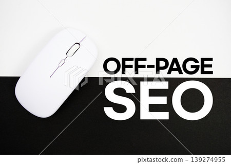 On-Page SEO text and wireless mouse on white and black background 139274955