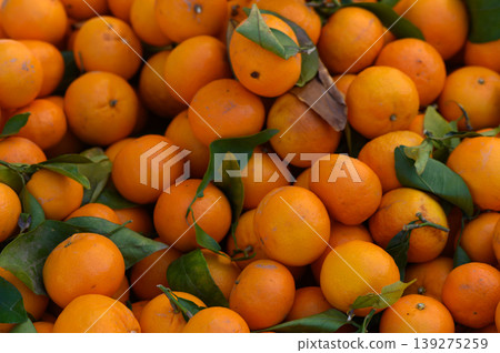Vibrant orange citrus fruits piled high under bright sunlight at an outdoor market in a bustling town Vibrant orange citrus fruits piled high under bright sunlight at an outdoor market in a bustling town 139275259
