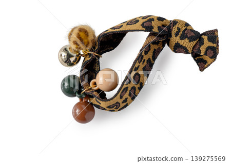 Textured Hair Scrunchie Leopard Print with Pom Poms and Beads Textured Hair Scrunchie Leopard Print with Pom Poms and Beads 139275569