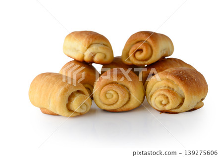 Fresh Cinnamon Sugar Buns Isolated on White Background Fresh Cinnamon Sugar Buns Isolated on White Background 139275606