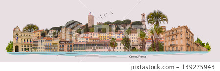 Cannes, France. Panoramic view of the castle and historical buildings of the old town of Cannes - art collage 139275943