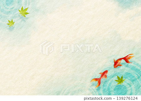 夏日賀卡,日式風格,水彩風格,紅色金魚和水面漣漪,背景為日式紙張。 夏日賀卡,日式風格,水彩風格,紅色金魚和水面漣漪,背景為日式紙張。 139276124