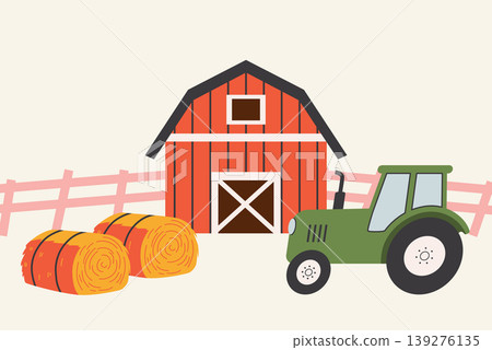 Illustration of a farm with a red barn, green tractor, and hay bales. Minimalist agricultural concept for organic farming, rural life, and harvest design. Illustration of a farm with a red barn, green tractor, and hay bales. Minimalist agricultural concept for organic farming, rural life, and harvest design. 139276135