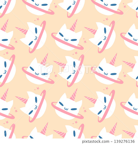 Kawaii caticorn in space seamless pattern, cute cat unicorn with saturn rings and stars, pastel nursery background, vector flat illustration for kids Kawaii caticorn in space seamless pattern, cute cat unicorn with saturn rings and stars, pastel nursery background, vector flat illustration for kids 139276136