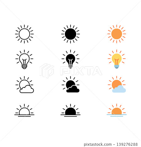Light mode day icon set with sun light bulb and weather symbols in outline solid black and colorful design styles isolated on white background Light mode day icon set with sun light bulb and weather symbols in outline solid black and colorful design styles isolated on white background 139276288