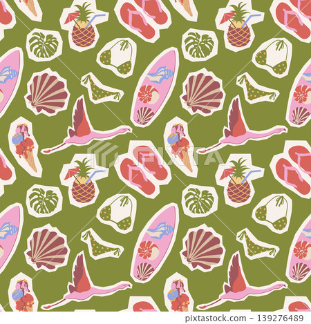 A tropical seamless pattern with a paper cut-out effect on a green background. Features flamingo, surfboard, bikini, pineapple cocktail, flip flops, and seashell. A tropical seamless pattern with a paper cut-out effect on a green background. Features flamingo, surfboard, bikini, pineapple cocktail, flip flops, and seashell. 139276489
