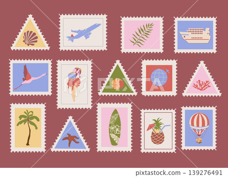A flat vector set of vintage travel stamps. Features airplane, seashell, cruise ship, hot air balloon, starfish, pineapple cocktail, ice cream, and flamingo A flat vector set of vintage travel stamps. Features airplane, seashell, cruise ship, hot air balloon, starfish, pineapple cocktail, ice cream, and flamingo 139276491