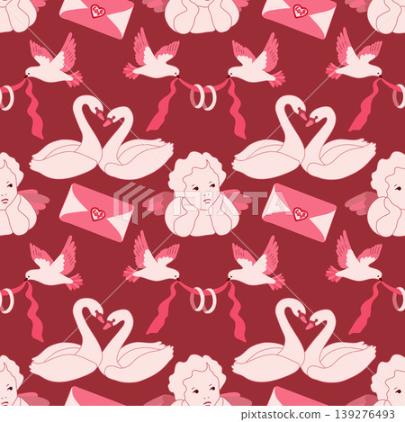 Classic Valentine's Day seamless pattern with flat style angel, doves with rings, swans, and love letter on dark red background. Elegant vector design for romantic projects. 139276493