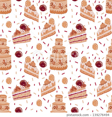 Seamless flat pattern with cream cakes, cake slices and desserts on white. Colors: cream, brulee, caramel. For packaging, textile, wallpaper design. Seamless flat pattern with cream cakes, cake slices and desserts on white. Colors: cream, brulee, caramel. For packaging, textile, wallpaper design. 139276494