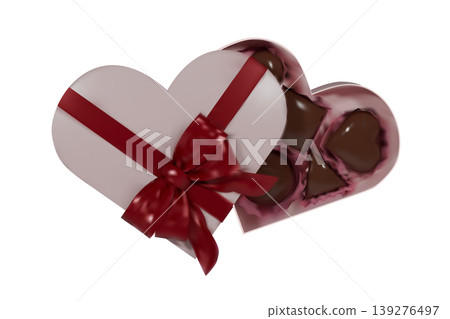 A realistic 3D render of a heart-shaped box filled with assorted chocolates and tied with a satin bow. Perfect image for Valentine's Day advertising, packaging design, and sweet promotions. 139276497