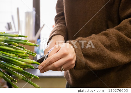 Florist cutting flower stems with scissors. Woman preparing bouquet in flower shop. Small business concept. Professional floral arrangement and gardening workshop for spring holiday. Florist cutting flower stems with scissors. Woman preparing bouquet in flower shop. Small business concept. Professional floral arrangement and gardening workshop for spring holiday. 139276603