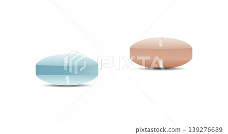 Two oval shaped blue and brown medicine pills on white background with medicine Two oval shaped blue and brown medicine pills on white background with medicine 139276689