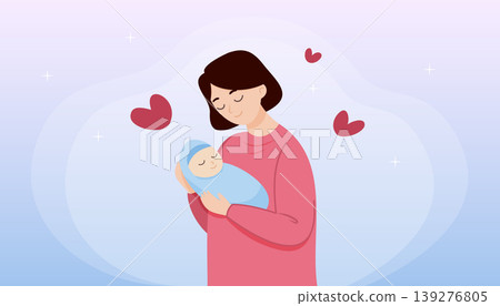 Mother gently holding newborn baby in warm pastel scene illustration. maternal love Mother gently holding newborn baby in warm pastel scene illustration. maternal love 139276805