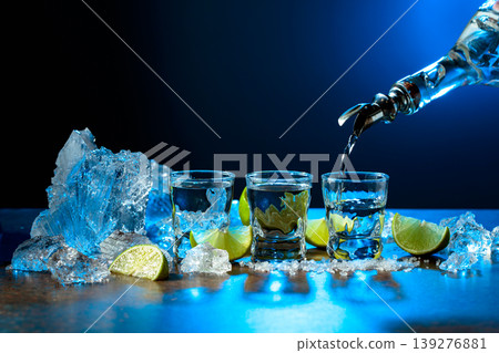 The tequila is poured from the bottle into shot glasses. 139276881