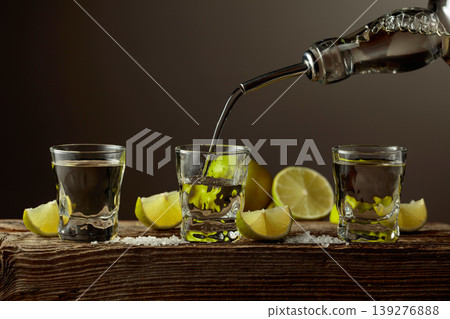 Tequila with salt and lime slices on a old wooden board. 139276888