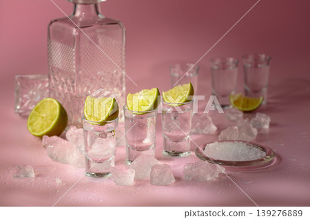 Tequila with lime, sea salt, and crushed ice on a pink background. 139276889