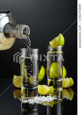 Tequila shots with salt and lime slices on a black reflective background. 139276894