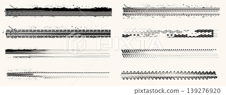 Collection various black tire tread patterns. Grunge vector illustration with dirty wheel prints, mud splatters, skid marks. High contrast design for automotive, racing, urban concepts Collection various black tire tread patterns. Grunge vector illustration with dirty wheel prints, mud splatters, skid marks. High contrast design for automotive, racing, urban concepts 139276920