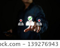 A person selects a highlighted candidate icon with a green check mark among others marked with red crosses, symbolizing recruitment,candidate selection,and target marketing in a digital interface. 139276943