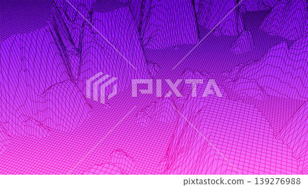 Digital landscape with mountains and plateus made of line grid in futuristic technology or science style Digital landscape with mountains and plateus made of line grid in futuristic technology or science style 139276988