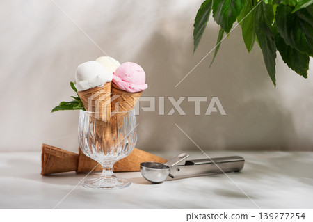 Ice Cream Cones with Strawberries and Mint on White Background Ice Cream Cones with Strawberries and Mint on White Background 139277254