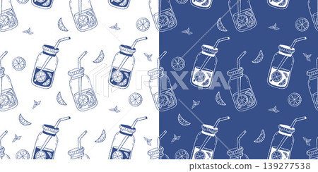 Seamless Pattern with Detox Water Mason Jars and Lemon Slices Set. Refreshing Summer Lemonade Drink and Mint Leaves on White and Blue Background. Isolated Vector Illustration. Outline Hand Drawn. 139277538