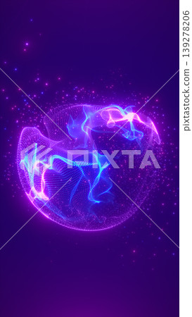 Glowing purple and blue particle sphere with fluid neon waves and sparkling dots, forming a futuristic abstract energy field in deep space Glowing purple and blue particle sphere with fluid neon waves and sparkling dots, forming a futuristic abstract energy field in deep space 139278206