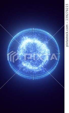 Blue digital particle globe with orbiting rings, futuristic network sphere visualization on dark background Blue digital particle globe with orbiting rings, futuristic network sphere visualization on dark background 139278215