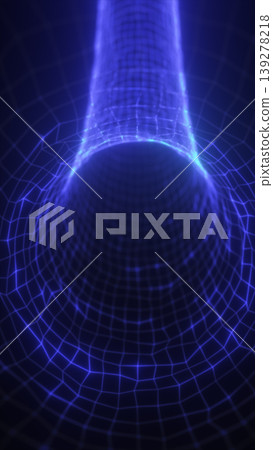 Glowing blue wireframe tunnel leading into a dark sphere, futuristic cyber portal background with depth and perspective Glowing blue wireframe tunnel leading into a dark sphere, futuristic cyber portal background with depth and perspective 139278218