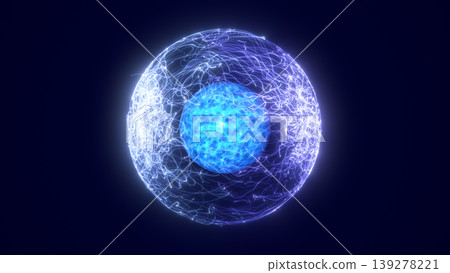 Glowing transparent sphere with vivid blue plasma core and electric outer filaments on a deep dark background 139278221