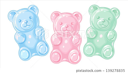 Colorful pastel soft gummy bears. Jelly bear fruit gummies. Blue, pink and mint candies. Vector isolated illustration Colorful pastel soft gummy bears. Jelly bear fruit gummies. Blue, pink and mint candies. Vector isolated illustration 139278835