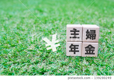 家庭主婦退休金。圖中是一位參加三級國民退休金計畫的人員。背景是綠色的草地,上面擺放著木塊。 家庭主婦退休金。圖中是一位參加三級國民退休金計畫的人員。背景是綠色的草地,上面擺放著木塊。 139280249