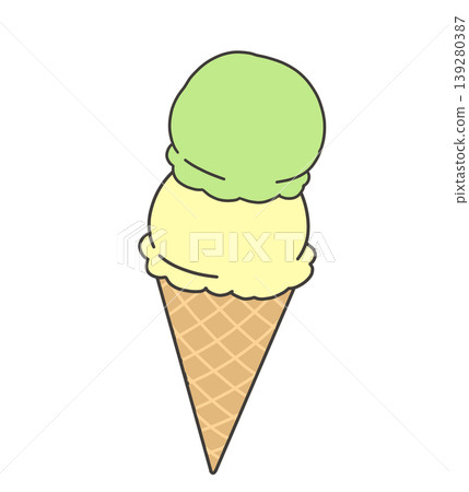 Two-scoop ice cream in a cone, featuring light green and yellow. Two-scoop ice cream in a cone, featuring light green and yellow. 139280387