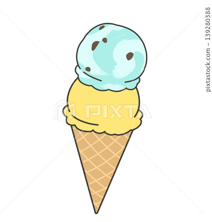 Chocolate mint and yellow two-scoop ice cream in a cone Chocolate mint and yellow two-scoop ice cream in a cone 139280388