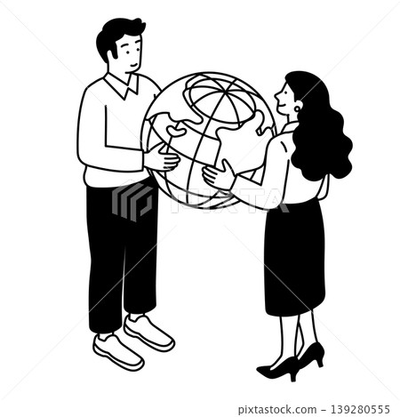 A simple illustration of a woman and a man holding a monochrome Earth. 139280555