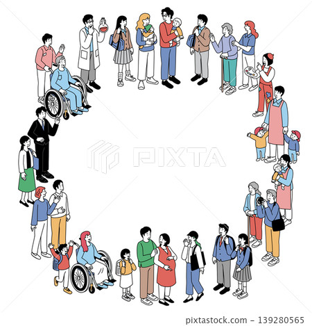 A set of illustrations of various people arranged in an isometric composition in a circle. A set of illustrations of various people arranged in an isometric composition in a circle. 139280565