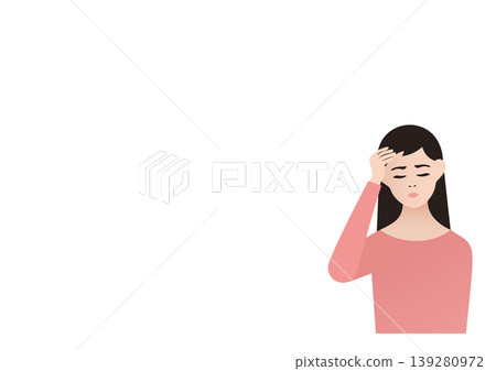 Vector illustration of a woman with a severe headache and deep worry. Vector illustration of a woman with a severe headache and deep worry. 139280972