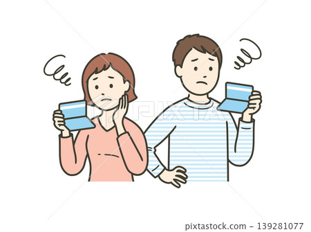 一對年輕夫婦看著他們的銀行存摺,擔心他們的儲蓄、不斷上漲的物價、房屋資金、教育資金以及未來的資產累積。 一對年輕夫婦看著他們的銀行存摺,擔心他們的儲蓄、不斷上漲的物價、房屋資金、教育資金以及未來的資產累積。 139281077